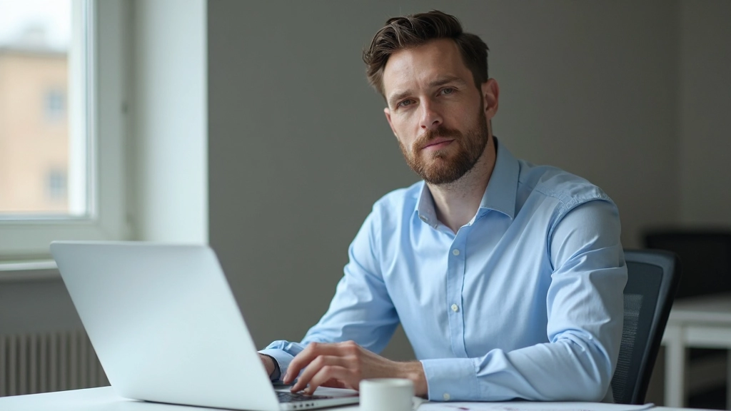 Professionele man die met zelfvertrouwen in modern kantoor werkt met laptop