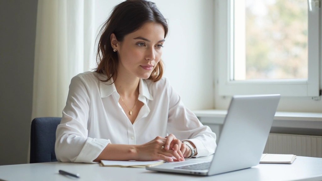 Professionele vrouw die online cursus volgt op laptop in modern kantoor
