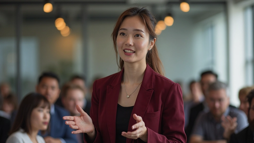 Vrouw die professioneel presenteert op zakelijke conferentie met veel luisteraars