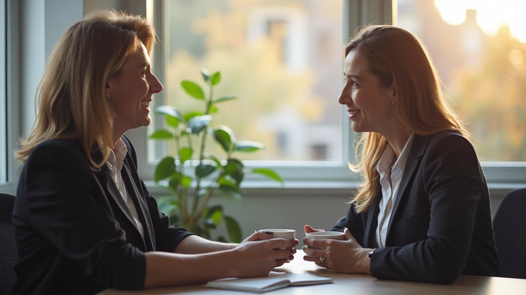 Mentor en mentee in gesprek in professionele kantoorsetting