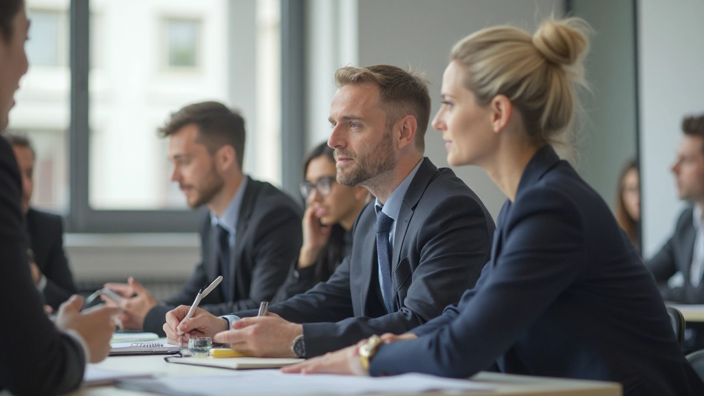 Professionele foto van cursusdeelnemer die aandachtig luistert naar instructeur in een trainingsruimte