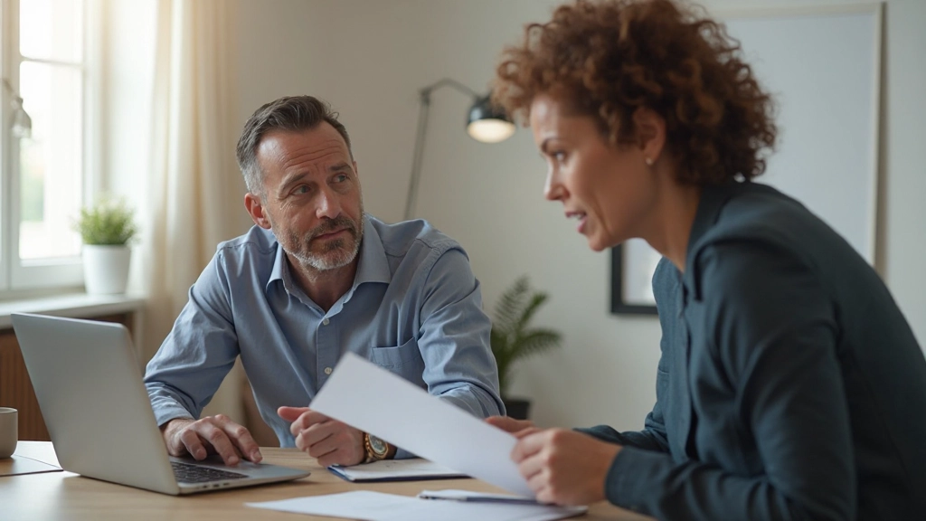 Professionele foto van twee zakelijke professionals in constructief gesprek in een modern kantoor met natuurlijk licht