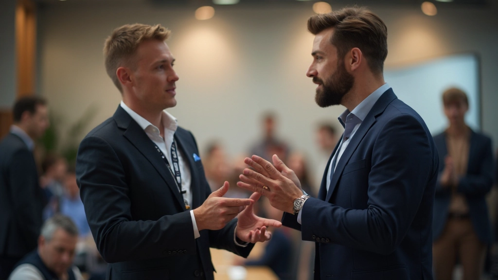 Professionele foto van twee zakenmensen die netwerken op een conferentie met achtergronddeelnemers
