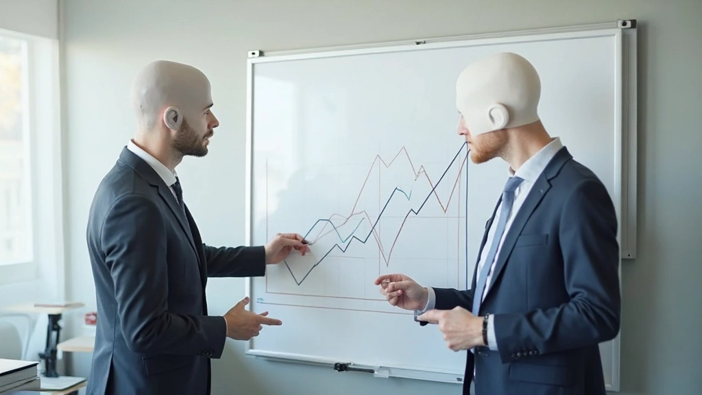 Zakelijke grafiek op whiteboard met groeitrend, twee professionals analyseren data