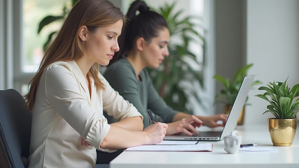 Vrouw aan bureau met laptop schrijft doelen op papier